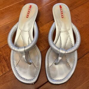 Prada Metallic Silver Ring-Detail Toe-Post Sandals